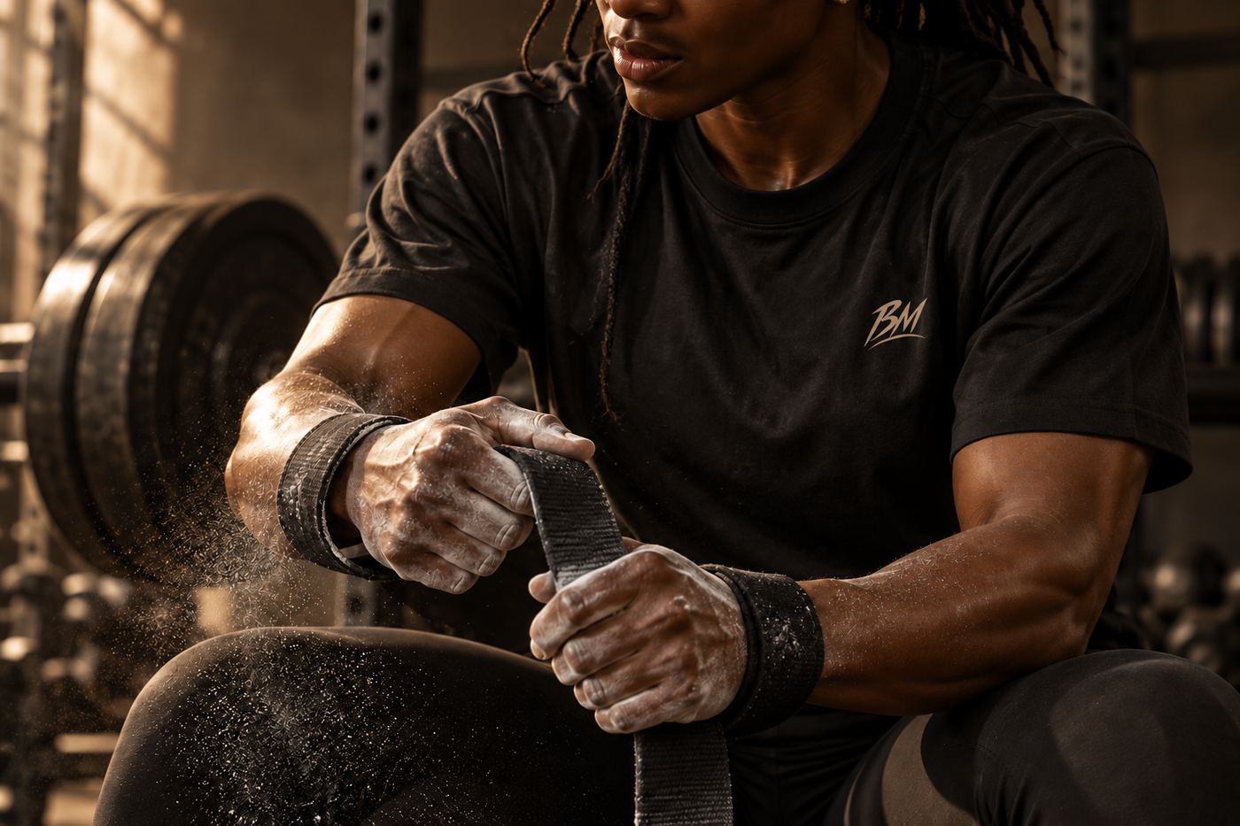 Athlète qui enroule ses sangles, mains couvertes de craie, en t-shirt noir Becoming More