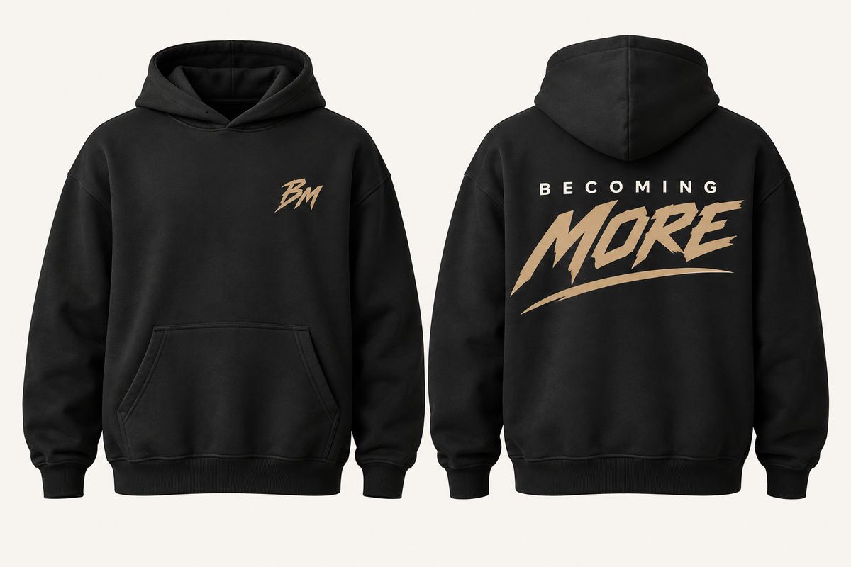 Hoodie Focus noir, monogramme BM devant et grand logo Becoming More au dos