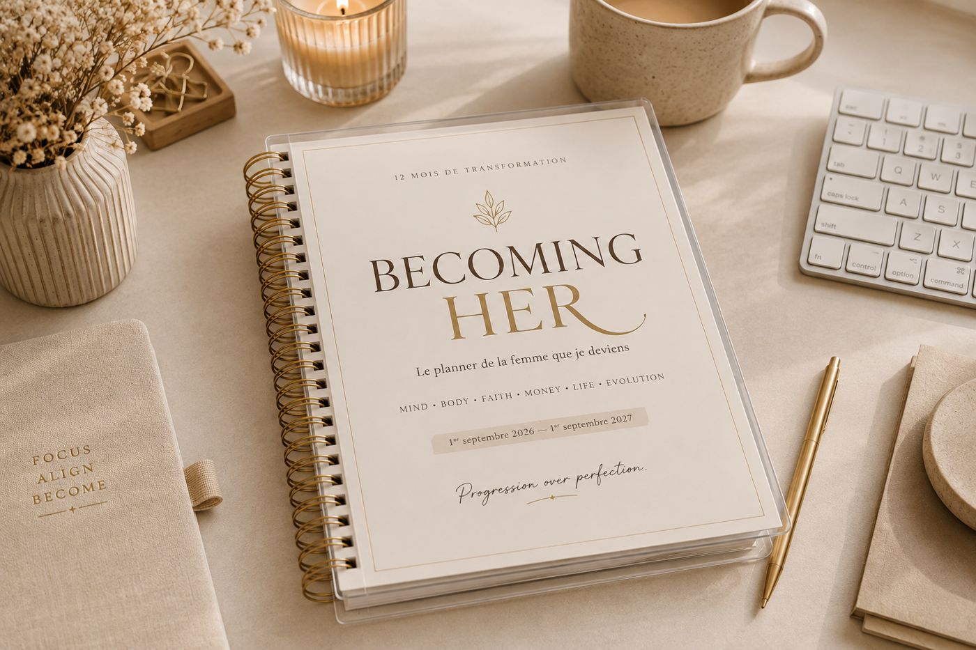 Le planner Becoming Her posé sur un bureau, à côté d'un café et d'une bougie