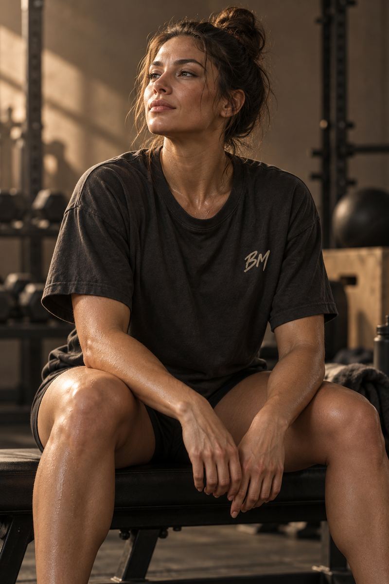 Femme assise sur un banc après l'effort, en t-shirt Becoming More